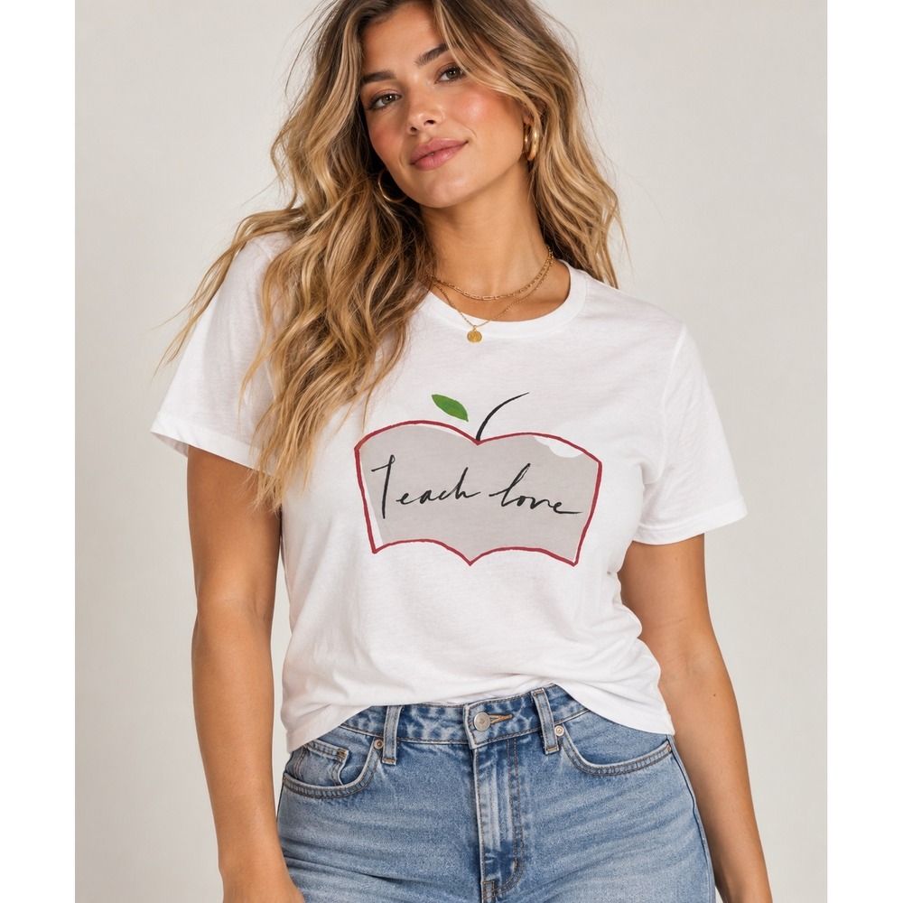 Anthropologie Womens Teach Love Apple Graphic Tee White Short Sleeve Size S